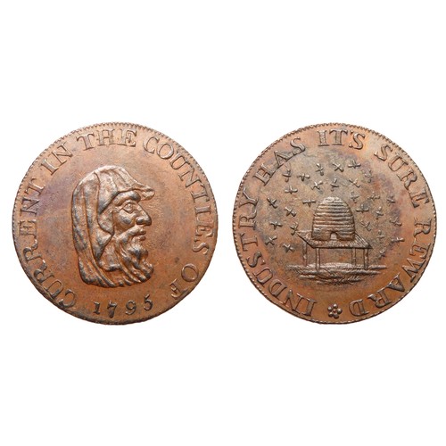 407 - Druid Halfpenny 1795. Copper, 4g. 21.2 mm. Druid head right, CURRENT IN THE COUNTIES OF. R. INDUSTRY... 