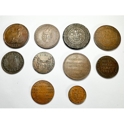 389 - 18th/19th Century Tokens (10). Hull halfpenny 1812, I. K. Picard. Newark one penny token, 1811. Hibe... 