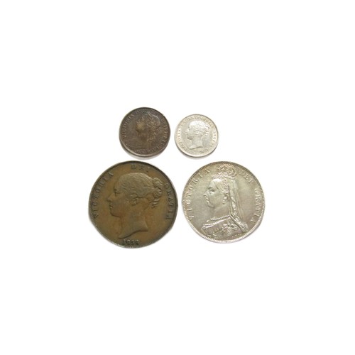 377 - Victoria Coin Group (4). 1889 Halfcrown, 1863 fourpence, 1858 penny. 8 over 7 in date and an 1886 fa... 