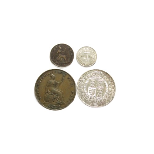 377 - Victoria Coin Group (4). 1889 Halfcrown, 1863 fourpence, 1858 penny. 8 over 7 in date and an 1886 fa... 