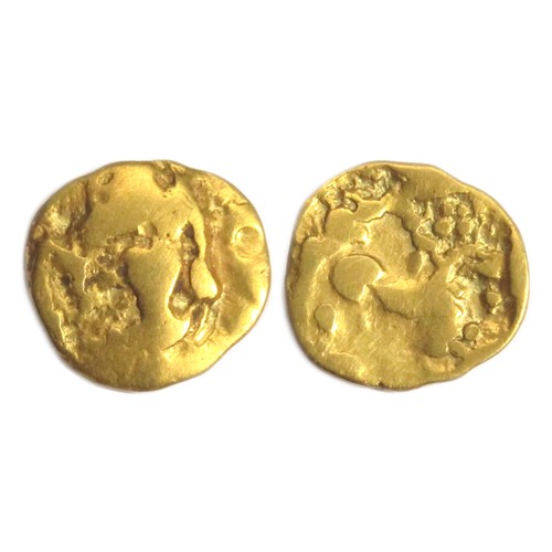 89 - Gallo-Belgic Broad Flan Quarter Stater. Circa 1st century BC. Right type, Ambiani. Gold, 1.80g. 14mm... 