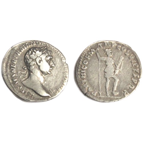 125 - Trajan Denarius. Rome mint, AD 107. Silver, 3.17g. 19 mm. Laureate bust right, drapery on far should... 