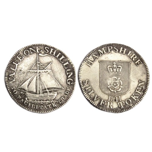 408 - Hampshire Token 1811. Silver, 4.85g. 27mm. County arms, date below. R. Ship in centre, VALUE ONE SHI... 