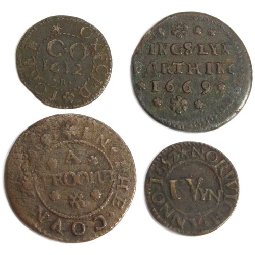 406 - 17th Century Trade Tokens (4). 1/4, A Froomb, Somerset 1670. 2.47g. 21mm. Kings Lynn 1/4 1669. 3.0g.... 