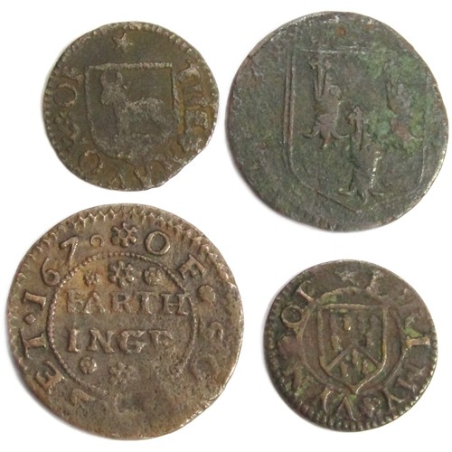 406 - 17th Century Trade Tokens (4). 1/4, A Froomb, Somerset 1670. 2.47g. 21mm. Kings Lynn 1/4 1669. 3.0g.... 