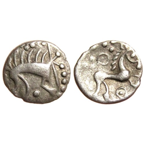 105 - Iceni Norfolk Boar Phallic Silver Unit. 0.85g. 13mm. Stylised boar right, pellet below, spear in fro... 