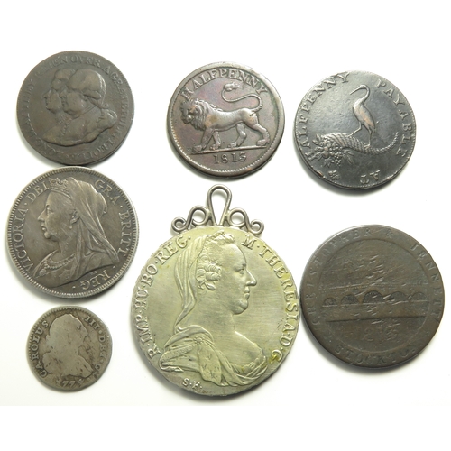 388 - Silver coin and Conder token group including a Maria Theresa thaler (mounted and gilt on obverse), V... 