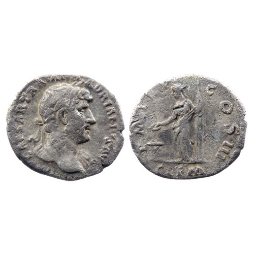 122 - Hadrian Denarius. 124 AD. IMP CAESAR TRAIAN HADRIANVS AVG, laureate head right. R. P M TR P COS III,... 