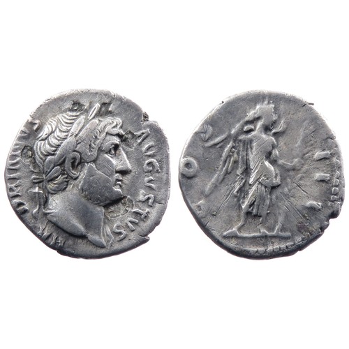 123 - Hadrian Denarius. 125-128 AD. 3g. 18mm. HADRIANVS AVGVSTVS, laureate head right, drapery on far shou... 