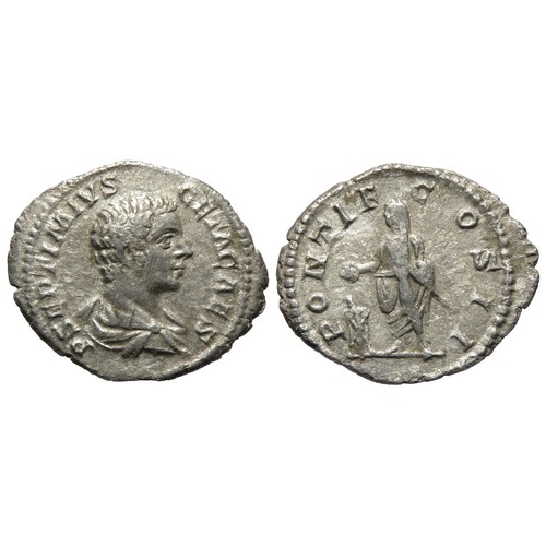 156 - Geta Denarius. Rome, 208 AD. Silver, 2.39g. 21mm. Laureate and draped bust right, P SEPTIMIVS GETA C... 