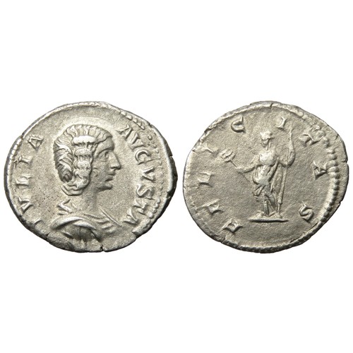 196 - Julia Domna Denarius. 206 AD. Draped bust right, IVLIA AVGVSTA. R. FELICITAS. Felicitas standing lef... 