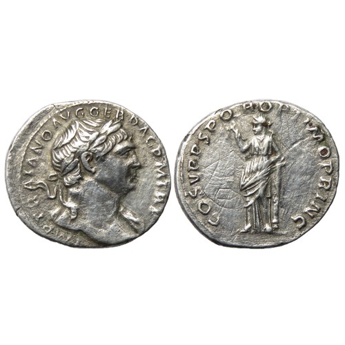 116 - Trajan Denarius. 3.31g. Laureate bust right, drapery on far shoulder, IMP TRAJANO AVG GER DAC P M TR... 