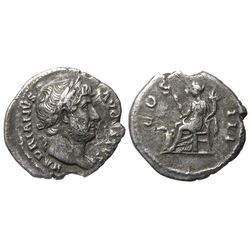 124 - Hadrian Denarius. 2.78g. Laureate bust right, HADRIANVS AVGVSTVS. R. COS III, Abundantia seated left... 