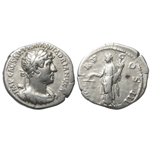 125 - Hadrian Denarius. 3.06g. Laureate and draped bust right, IMP CAESAR HADRIANVS AVG. R. P M TR P COS I... 