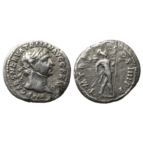 117 - Trajan Denarius. 3.05g. Laureate bust right, drapery on far shoulder, IMP CAES NERVA TRAIAN AVG GERM... 