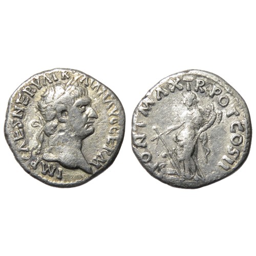 118 - Trajan Denarius. 2.22g. Laureate bustright, IMP CAES NERVA TRAIAN AVG GERM. R. PONT MAX TR POT COS I... 