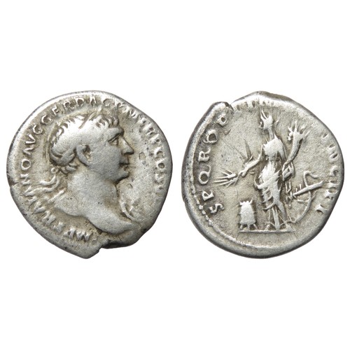 119 - Trajan Denarius. 3.07g. Laureate bust right, drapery on far shoulder?. IMP TRAIANO AVG GER DAC PM TR... 