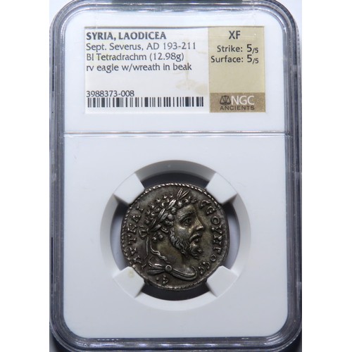 143 - SYRIA. Laodicea ad Mare. Septimius Severus, 193-211 AD. Silver tetradrachm, 26mm. 12.98g. NGC XF 5/5... 