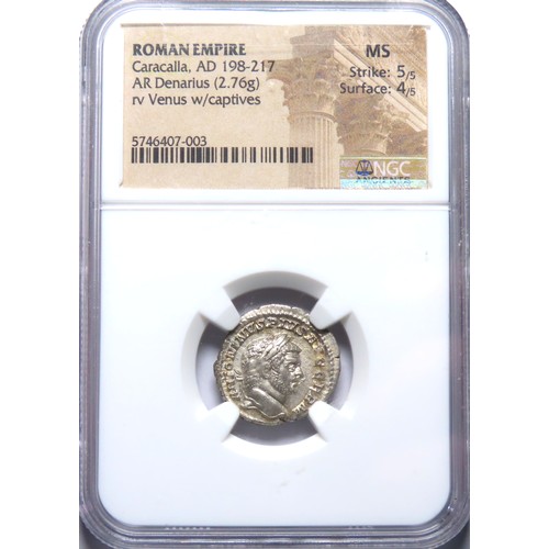 153 - Caracalla, 198-217 AD. Silver denarius, 19mm. 2.76g. NGC MS 5/5 - 4/5. Rome, AD 213-217. ANTONINVS P... 