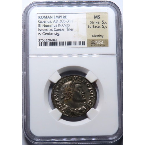 187 - Galerius, as Caesar, 305-311 AD. BI follis or nummus, 27mm. 9.09g. NGC MS 5/5 - 5/5, Silvering. Trie... 