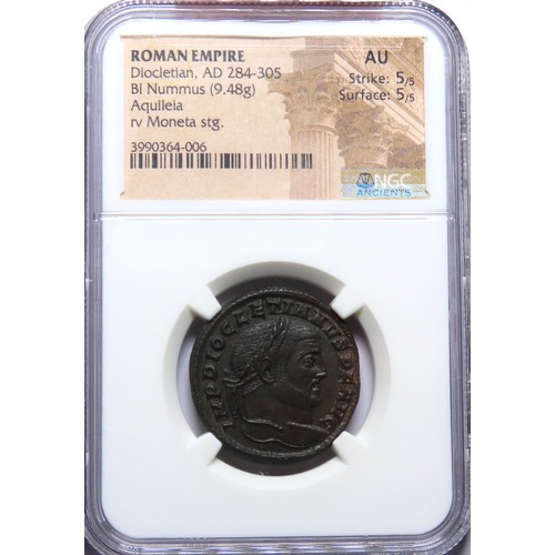 184 - Diocletian, 284-305 AD. BI follis or nummus, 26mm. 9.48g. NGC AU 5/5 - 5/5. Nicomedia, AD 303-304. I... 