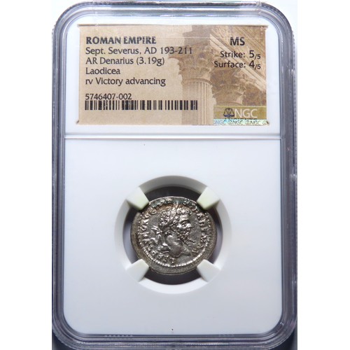 149 - Septimius Severus, 193-211 AD. Silver denarius, 21mm. 3.19g. NGC MS 5/5 - 4/5. Rome, AD 198 (late) o... 