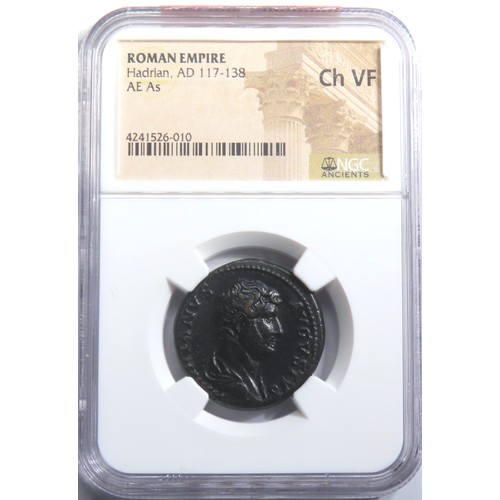 128 - Hadrian, 117-138 AD. AE as. NGC Choice VF. Rome, AD 132-134. HADRIANVS-AVGVSTVS, bare-head, draped b... 