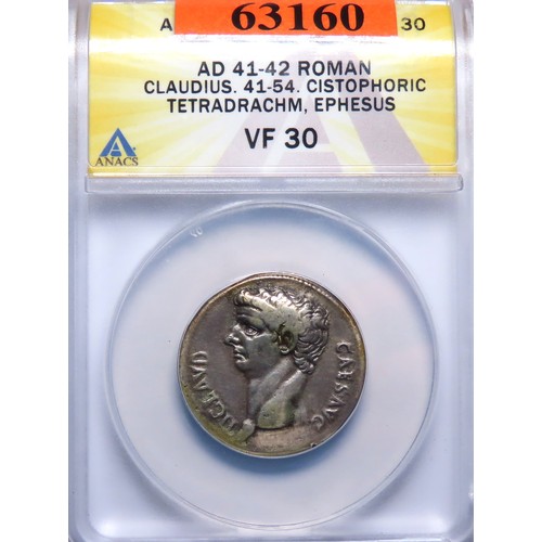 98 - Claudius I, 41-54 AD. Silver cistophorus, 26mm. ANACS VF 30. Ephesus, ca. AD 41-42. TI CLAVD-CAES AV... 