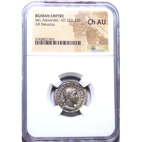 160 - Severus Alexander, 222-235 AD. Silver denarius, 20mm. NGC Choice AU. Rome, AD 231-235. IMP ALEXANDER... 