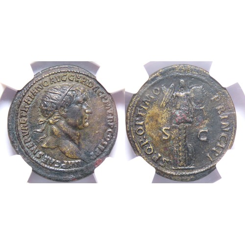 120 - Trajan, 98-117 AD. AE dupondius, 29mm. NGC XF, Fine Style. Rome, AD 103-111. IMP CAES NERVAE TRAIANO... 