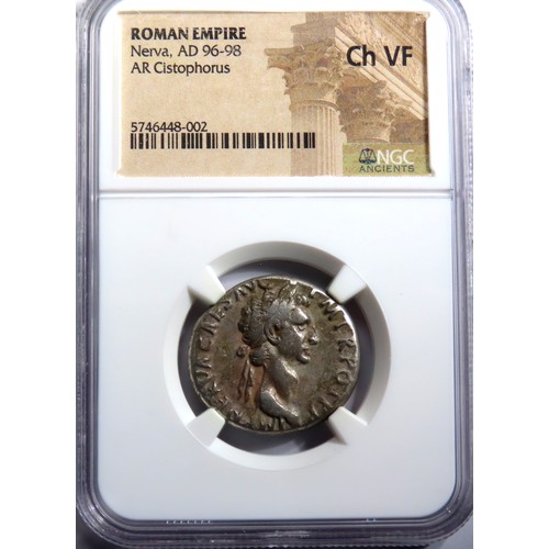 113 - Nerva, 96-98 AD. Silver cistophorus, 25mm. NGC Choice VF. Rome or uncertain mint in Asia Minor, AD 9... 