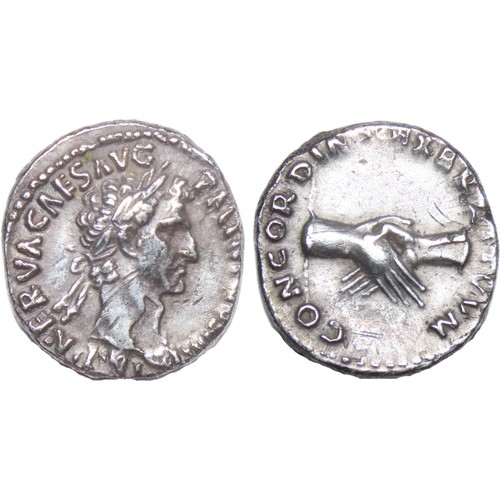 114 - Nerva denarius. 96-98 AD. Rome, AD 97. 17mm. 3.25g. Laureate head. R. Clasped r. hands. Ref: RIC II ... 