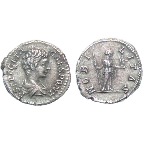 158 - Geta Denarius. 199-202 AD. Silver, 3.16g. 19mm. P SEPT GETA CAES PONT, Draped bust right. R. NOBILIT... 