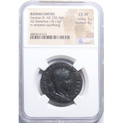 175 - Gordian III, 238-244 AD. AE sestertius, 18.13g. NGC Choice XF 5/5 - 4/5. Rome, AD 240. IMP GORDIANVS... 