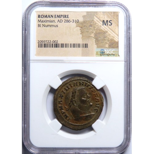 186 - Maximian, first reign (AD 286-305). BI follis or nummus. NGC MS. Carthage, 2nd officina, AD 299-303.... 