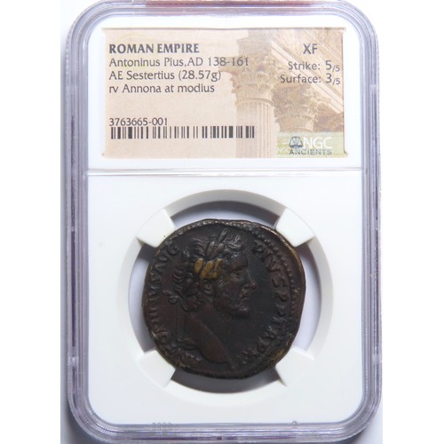 137 - Antoninus Pius, 138-161 AD. AE sestertius, 28.57g. NGC XF 5/5 - 3/5. Rome, 147-148 AD. ANTONINVS AVG... 