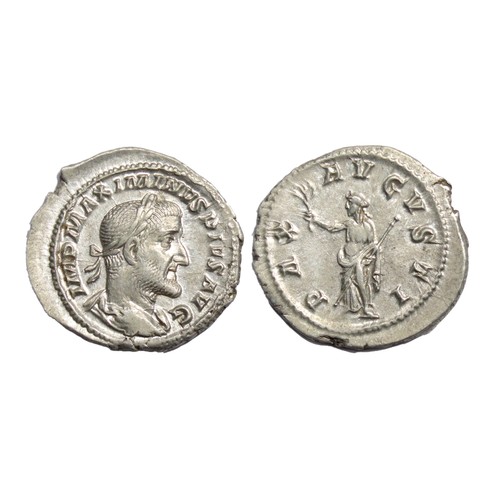 164 - Maximinus I. 235-238 AD. Silver Denarius, 21mm. 2.67g. Rome mint. 2nd emission, 236 AD. Laureate, dr... 