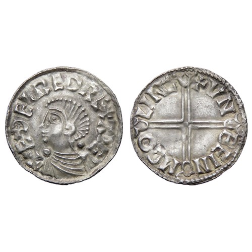 215 - Aethelred II Penny. Long cross type, 997-1003 AD. Lincoln mint. Draped bust left, +EDELRED REX ANG. ... 