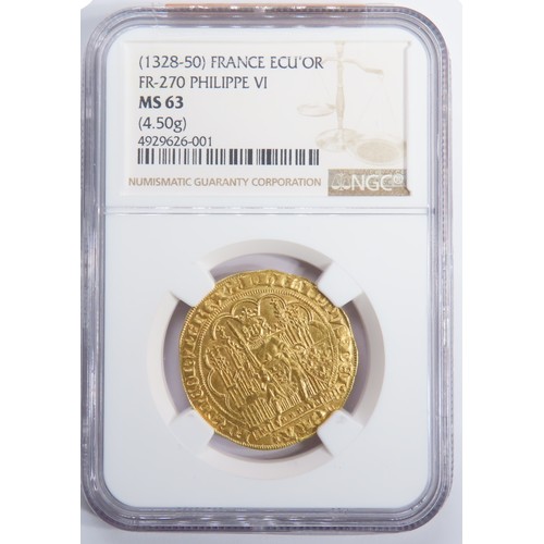 273 - Philippe VI (1328-1350) gold Écu d'Or à la chaise ND (from 1337) MS63 NGC, Paris mint. 4.50gm. 1st E... 