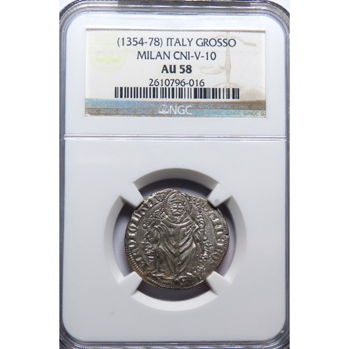 275 - Bernabò & Galeazzo II Visconti, 1355-1378. Pegione (Grosso of 1-1/2 Soldi). AU58 NGC, Mil... 