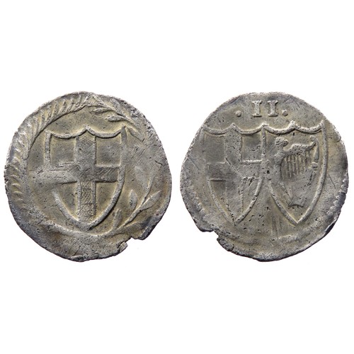 314 - Commonwealth Halfgroat. 1649-60 AD. St George's cross on shield within wreath. R. conjoined shields ... 