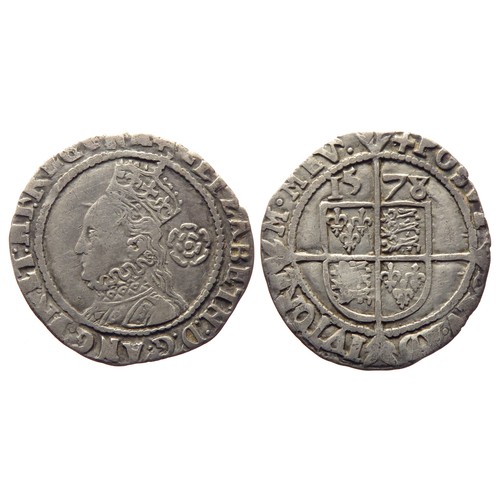 292 - Elizabeth I Threepence. Fifth Issue. 1578/7. Crowned bust left, rose behind. R. Shield over cross, m... 