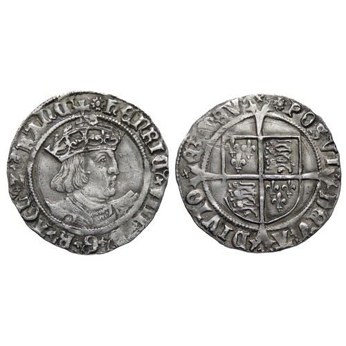 281 - Henry VIII Groat. Second coinage 1526-44 AD. Silver, 5.70g 23.37mm. Laker bust D. Crowned facing bus... 