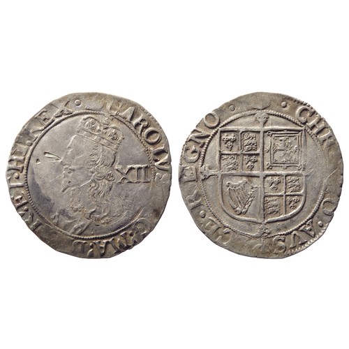 309 - Charles I shilling. 1636-8 AD, Tower mint. Silver, 31mm. 5.95g. Crowned bust left, XII mark of value... 