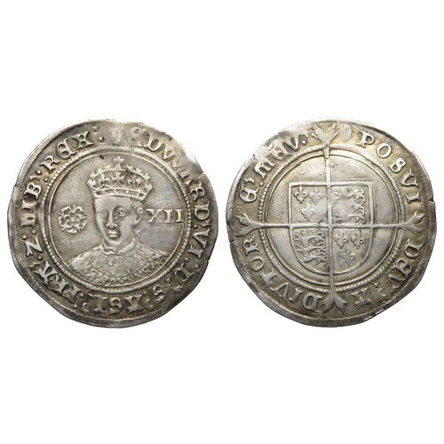 285 - Edward VI Shilling. Fine silver issue, 1551-3 AD. 6.07g. 38mm. Crowned facing bust, rose left, XII m... 