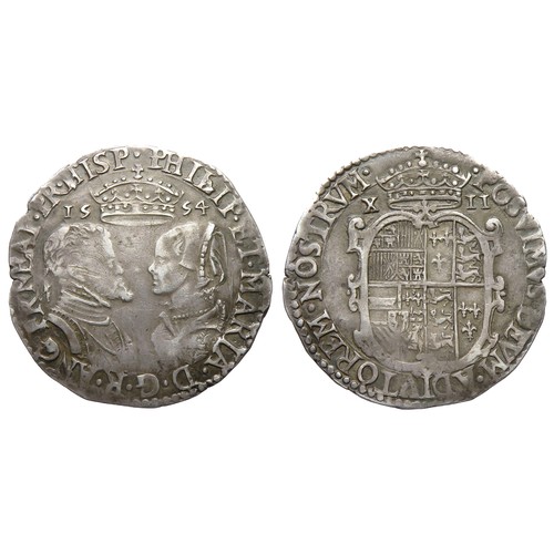 287 - Philip and Mary Shilling. 1554. Silver, 6.21g. 31mm. Busts face to face, crown above dividing date. ... 