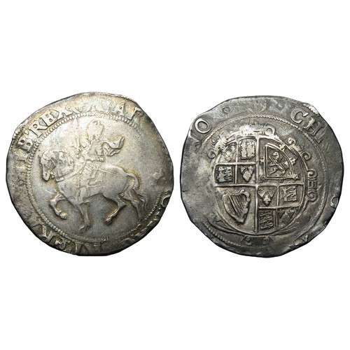 307 - Charles I Halfcrown. Tower mint under Paliament, 1643-4 AD. King horseback left, King wears cloak fl... 