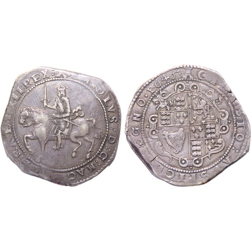 303 - Charles I. 1625-1649. Crown, 41mm. 29.26g. Exeter mint; mint mark castle. Dated 1645. Charles on hor... 