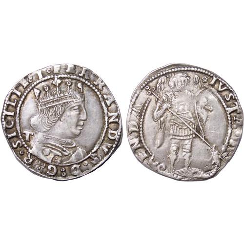 328 - Naples. Ferdinand I of Aragon (Ferrante), 1458-1494 AD. Silver, 3.93g. 27mm. Crowned and draped bust... 