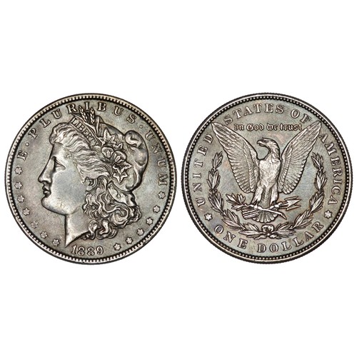 454 - USA 1889 Morgan Dollar. Liberty head left, E · PLURIBUS · UNUM LIBERTY. R. Eagle holding arrows and ... 